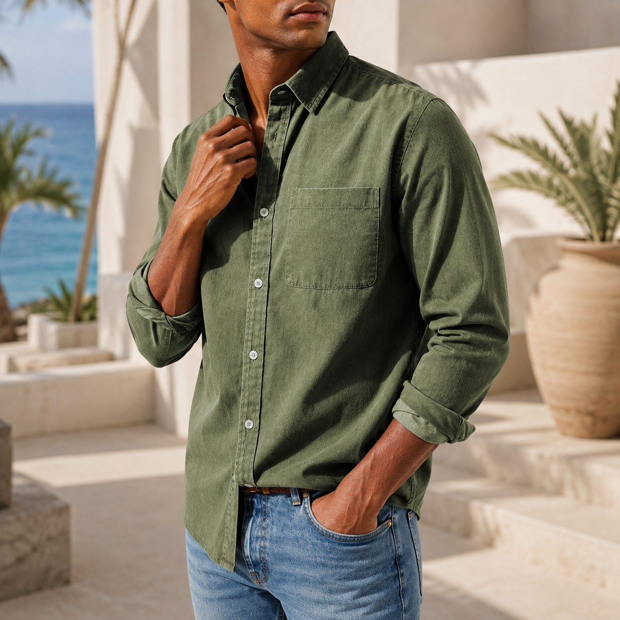 Men's cotton long sleeve shirt lifestyle front view