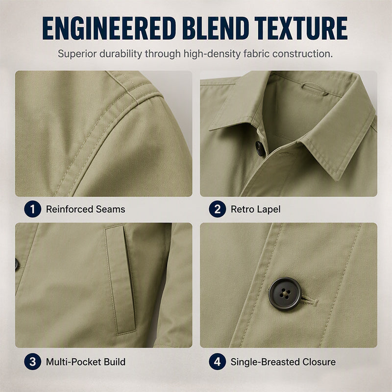 Trench coat details including lapel, seams, pockets, and button closure