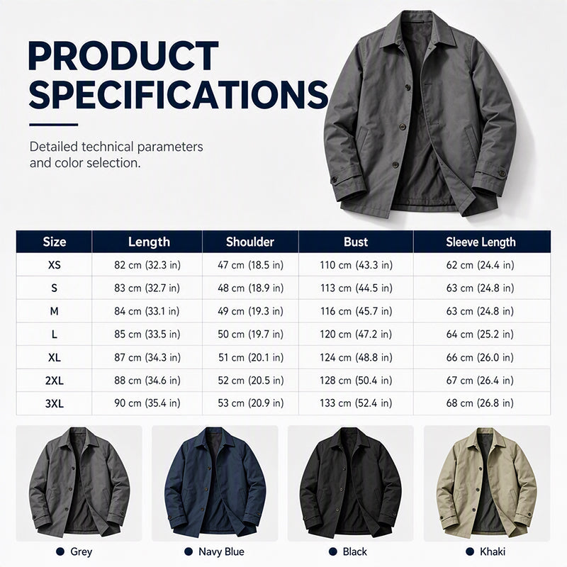 Men's trench coat product specifications and size chart from XS to 3XL